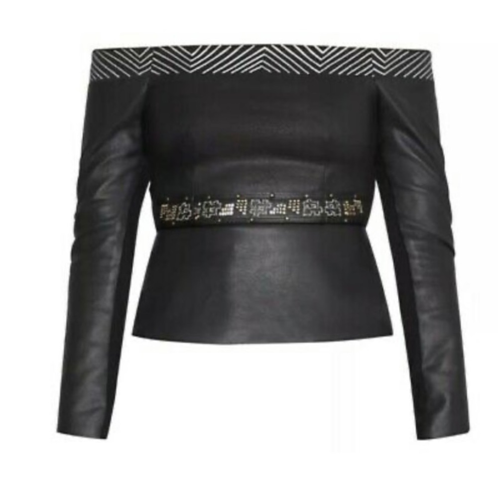 NWT BCBGMaxAzria Faux Leather off Shoulder Peplum Top with Sequins